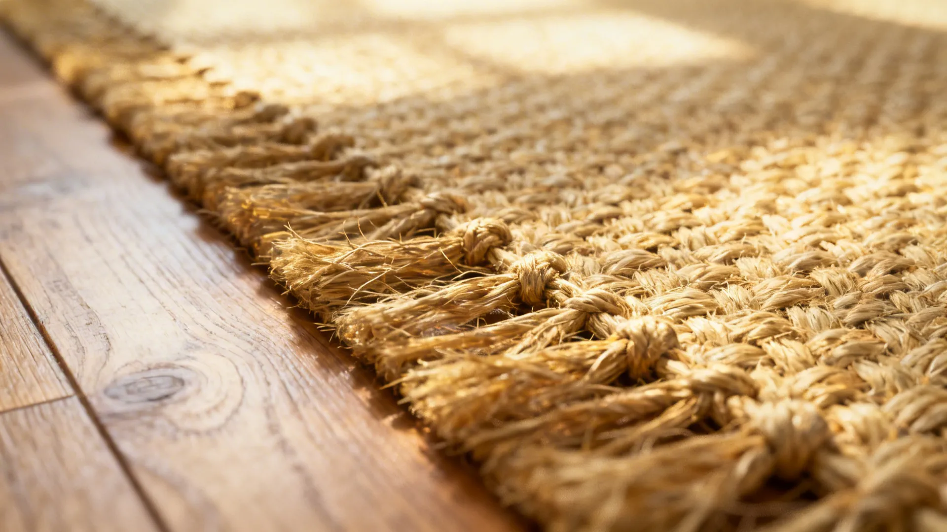 Macro view of natural jute rug weave next to a wooden floor.
