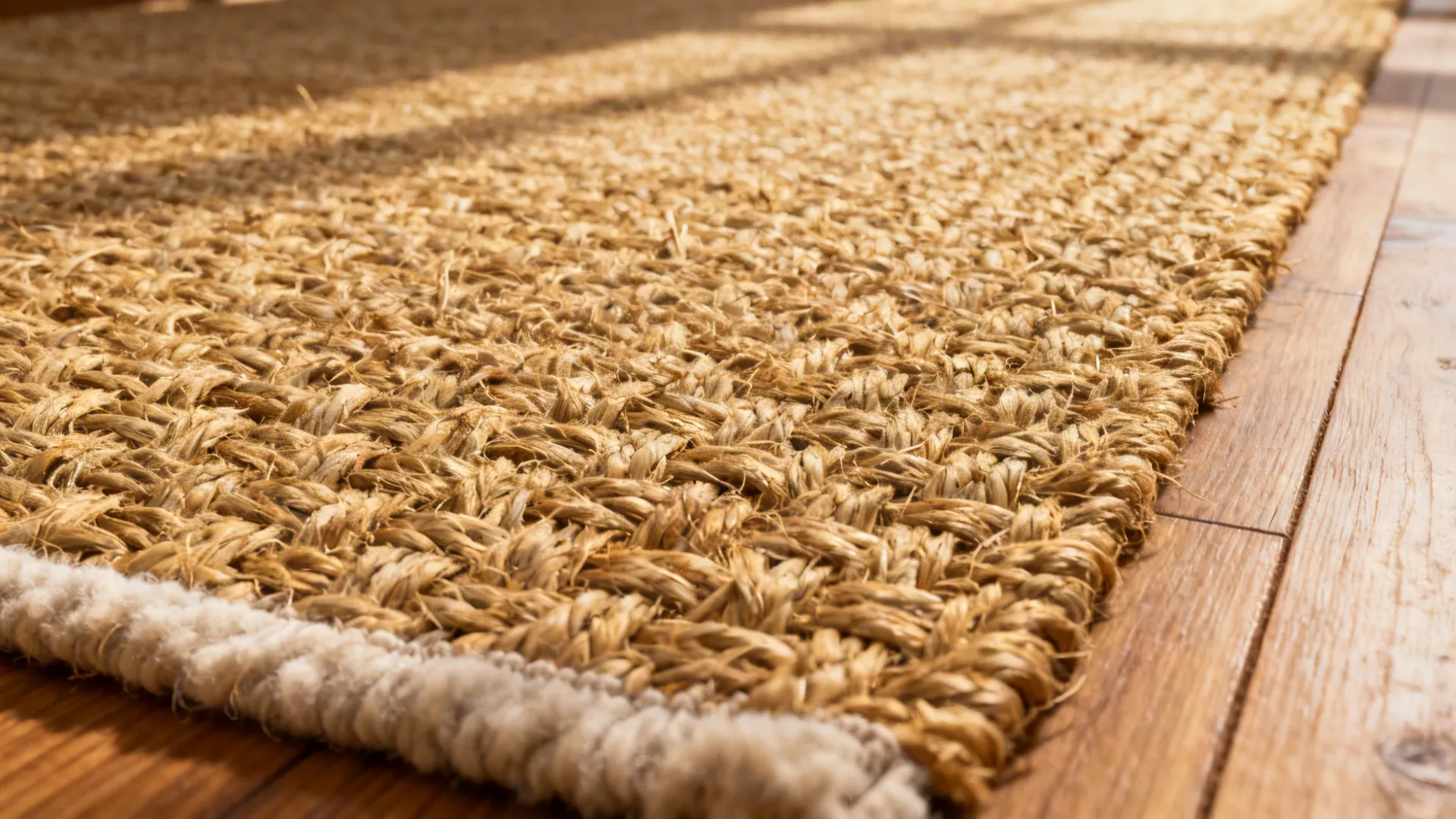 Macro view of natural jute rug weave with a wool rug edge on wood flooring.