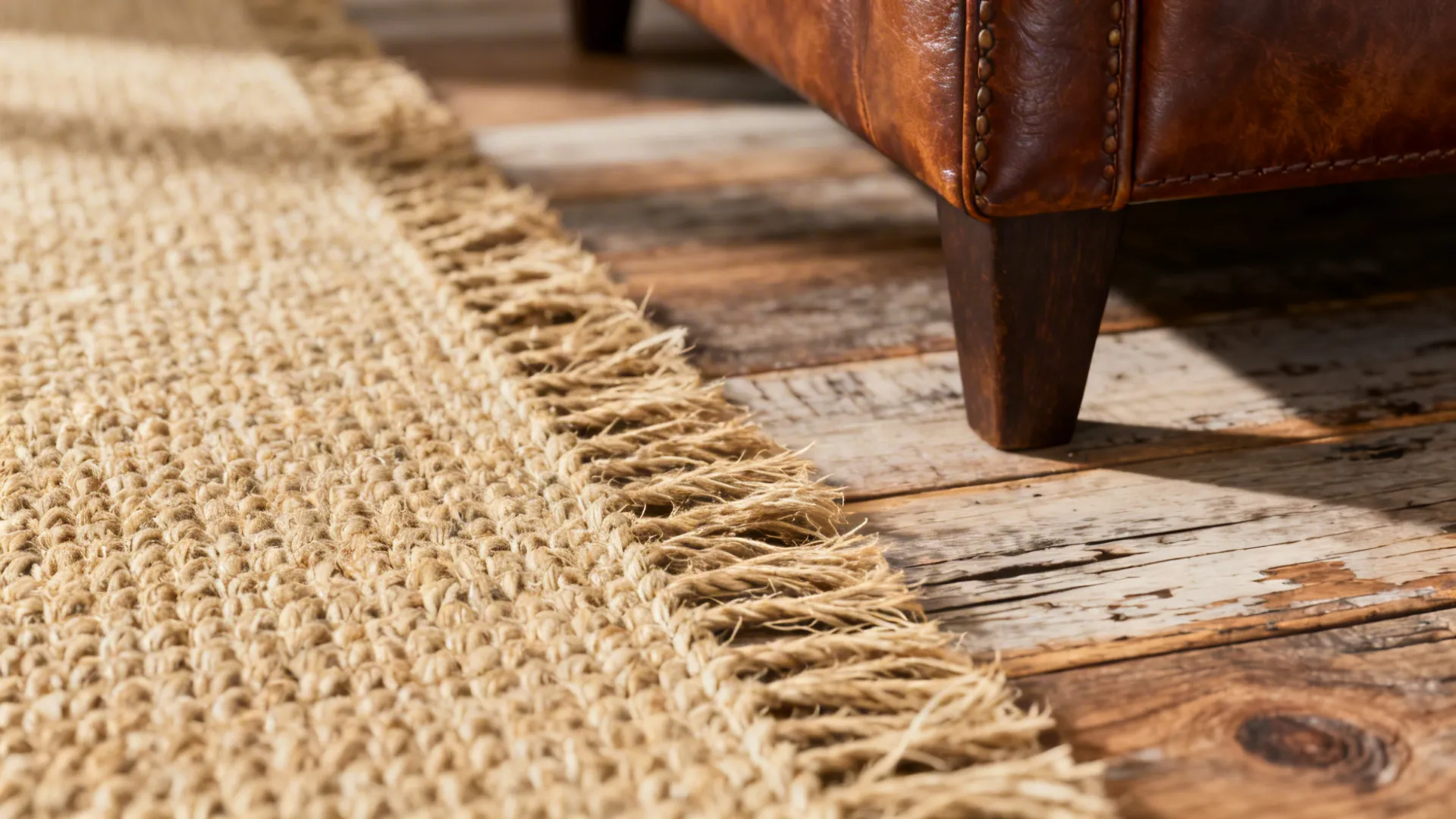 Macro view of jute rug fiber and weave next to reclaimed wood floor