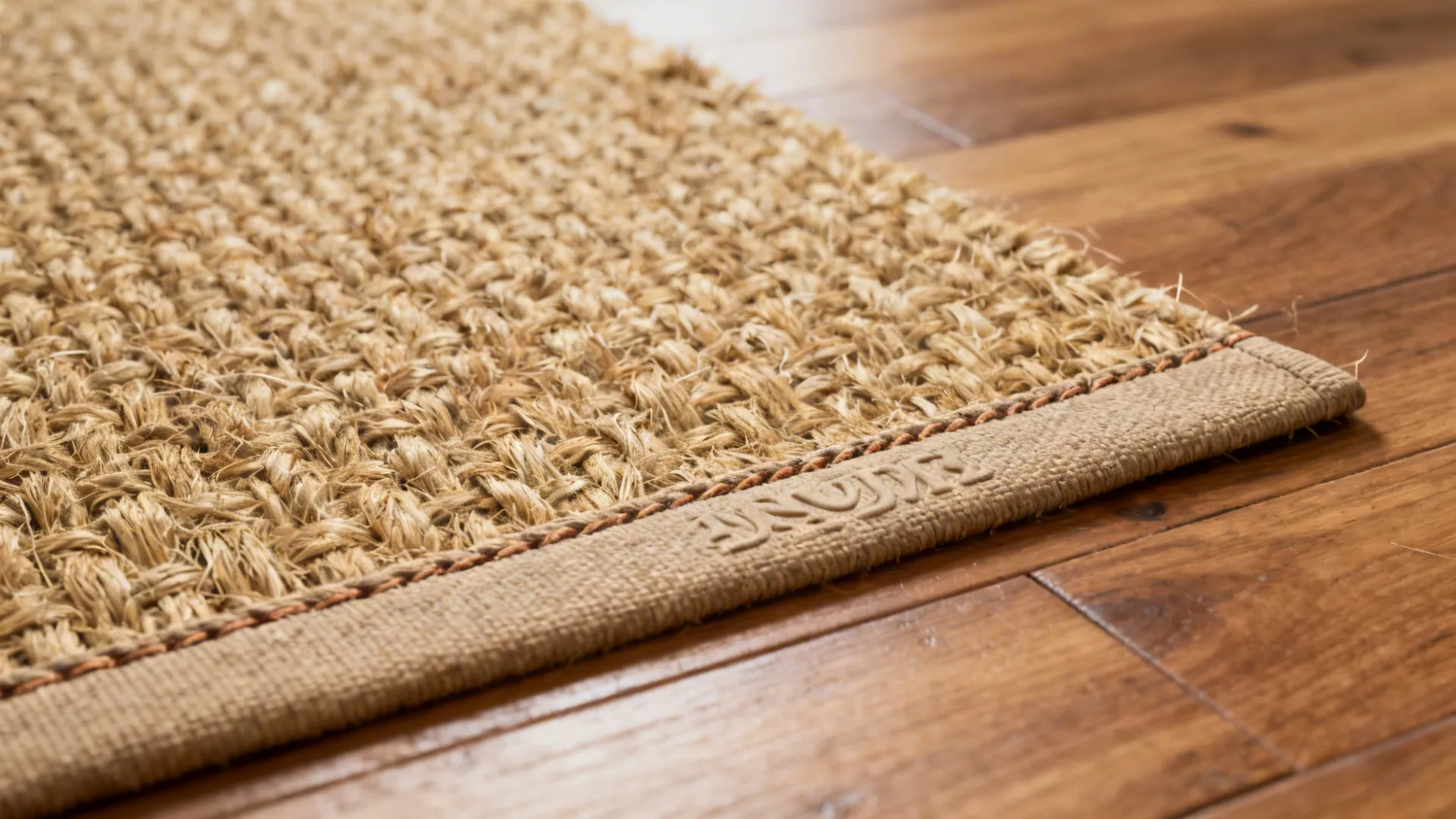 Macro view of jute rug fibers and a washable rug pad on wood flooring.