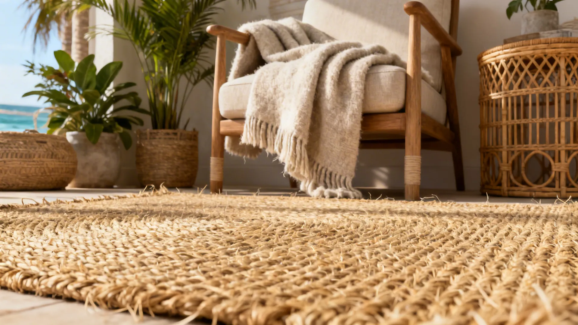 Casual living room featuring a natural jute rug paired with a soft wool throw and rattan accents.