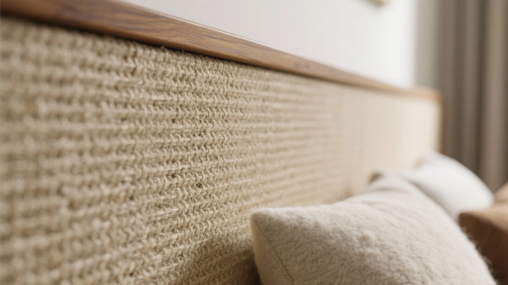 Close up of a woven fabric headboard with wood trim and a soft white pillow