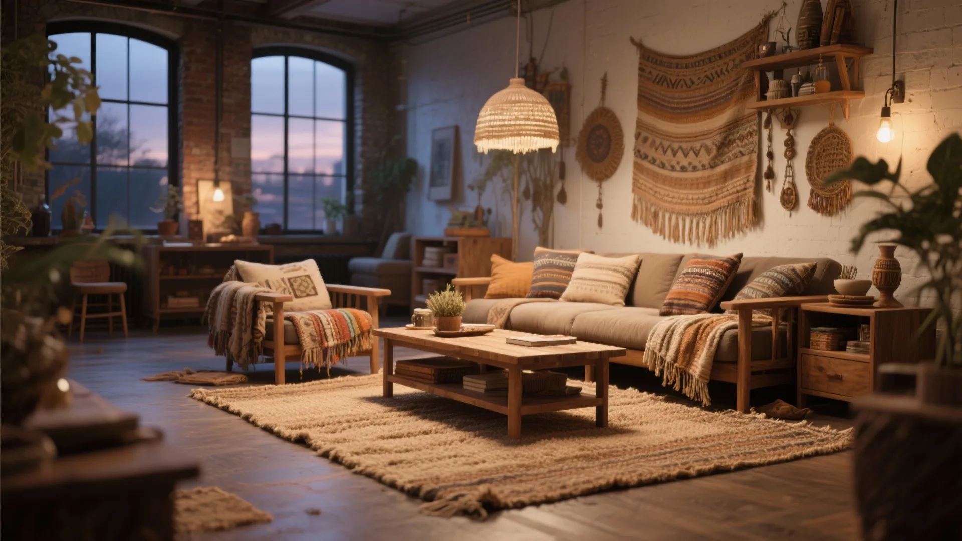 Bohemian living room with brown sofa, wooden coffee table, large rug, and warm ceiling light