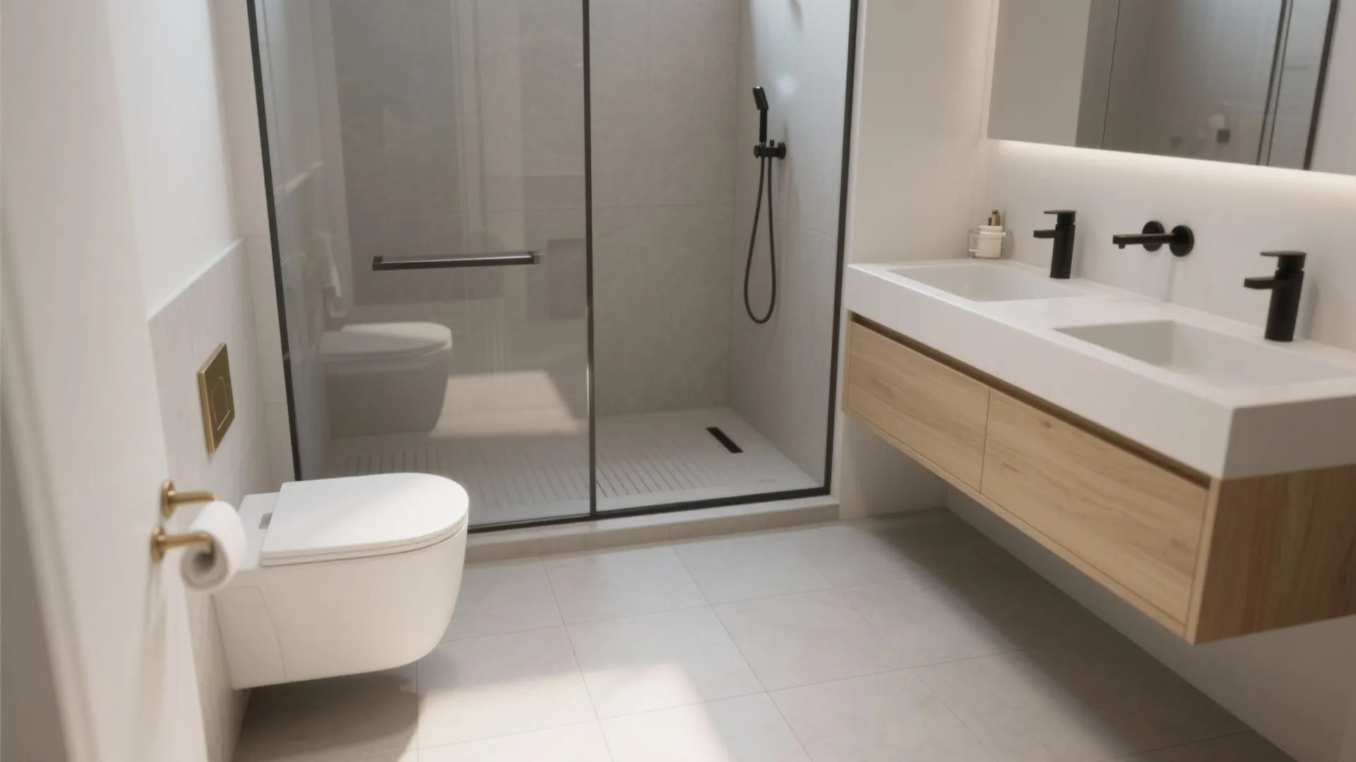 Bright bathroom featuring double sink wooden cabinet wall hung toilet and walk in glass shower area
