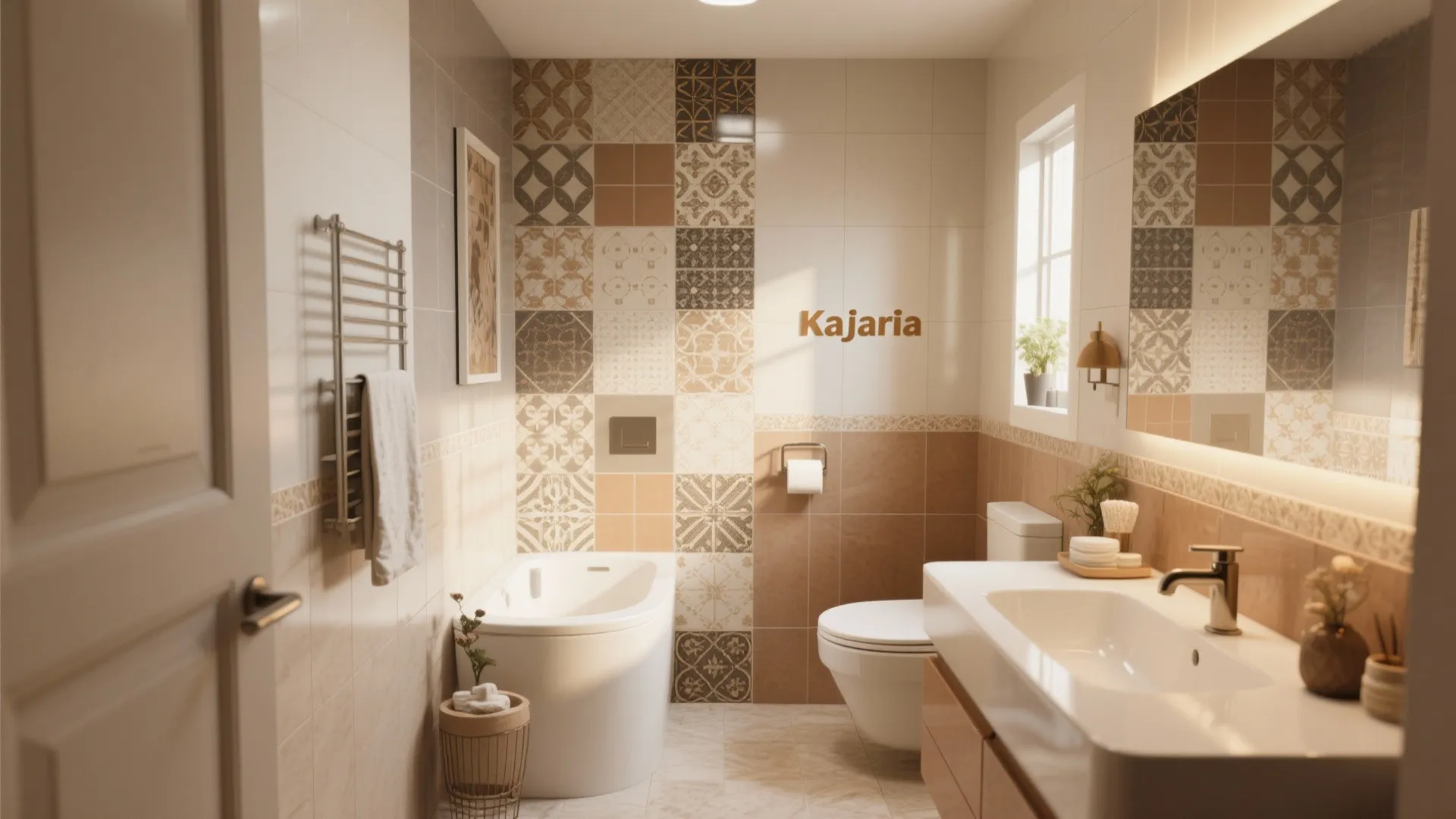 Modern bathroom featuring patterned wall tiles white bathtub toilet and white sink with wooden cabinet