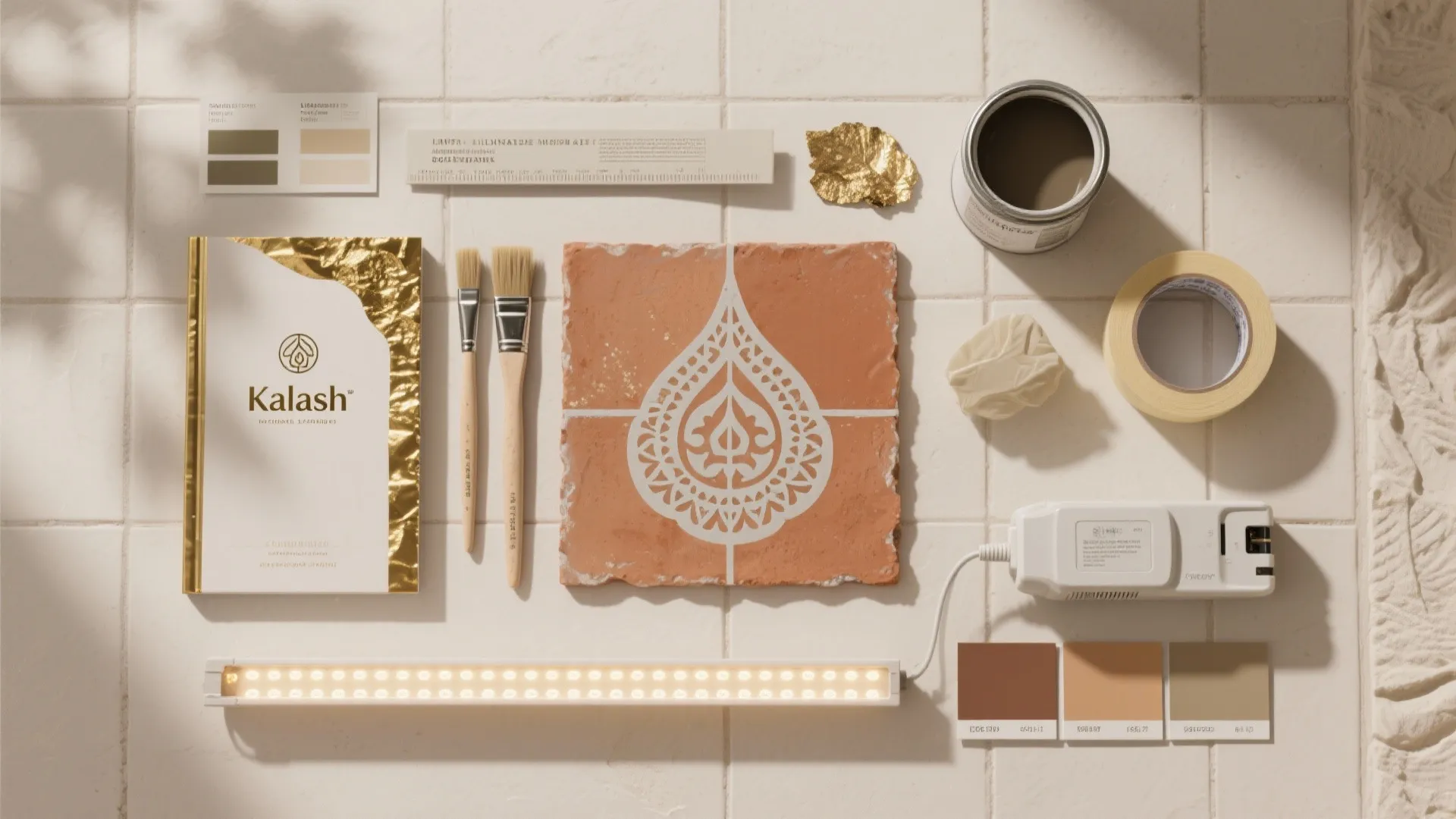 Flat lay showing a tile pattern, paint brushes, color swatches, light fixture, and home design
