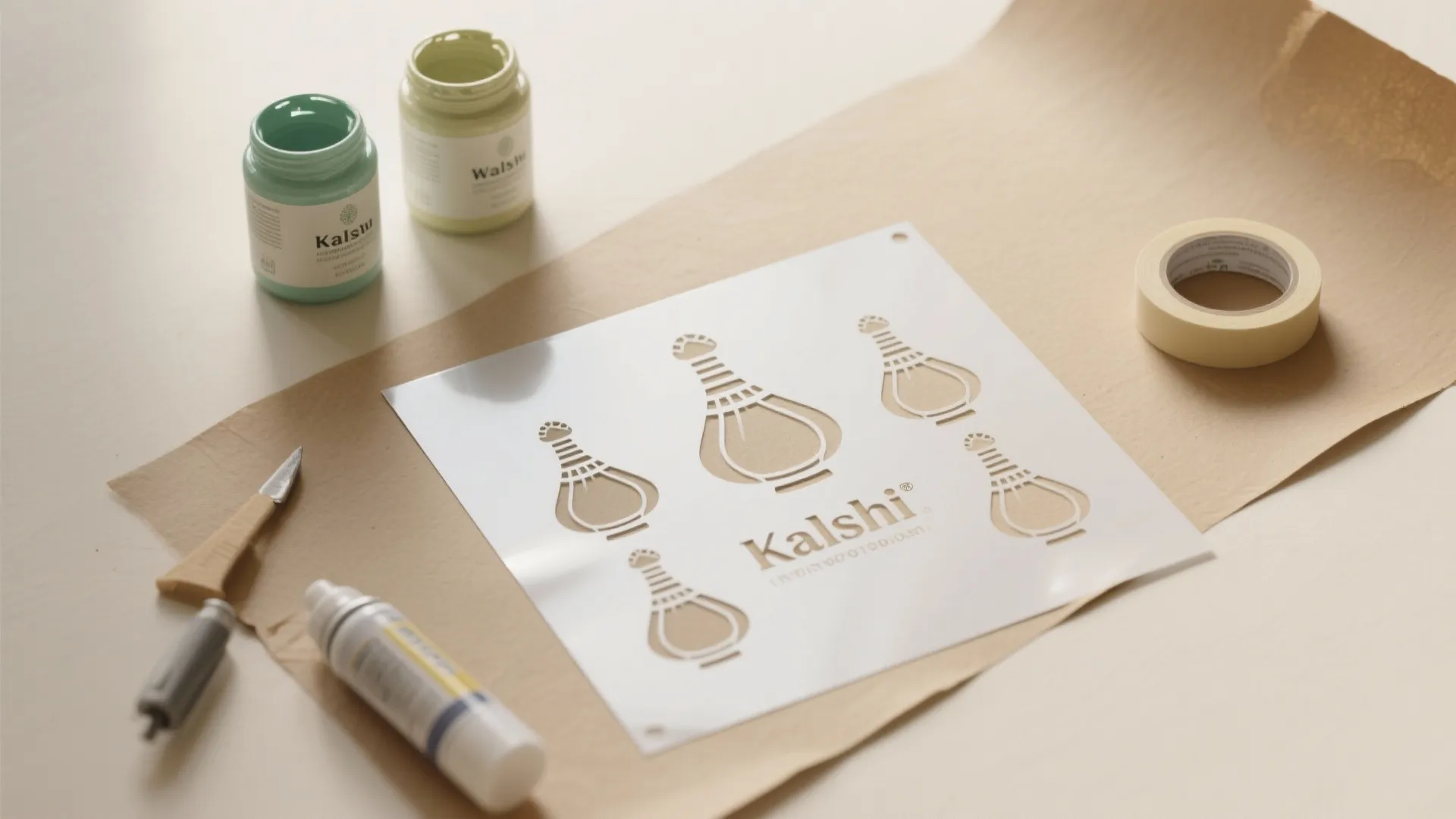 White painting stencil on brown paper with paint jars tape and a cutting tool design