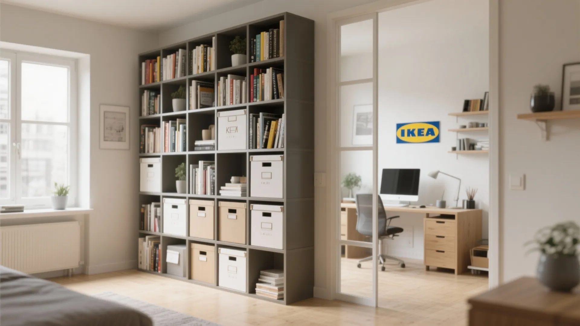 Large grey bookshelf used as a room divider between a living area and home office