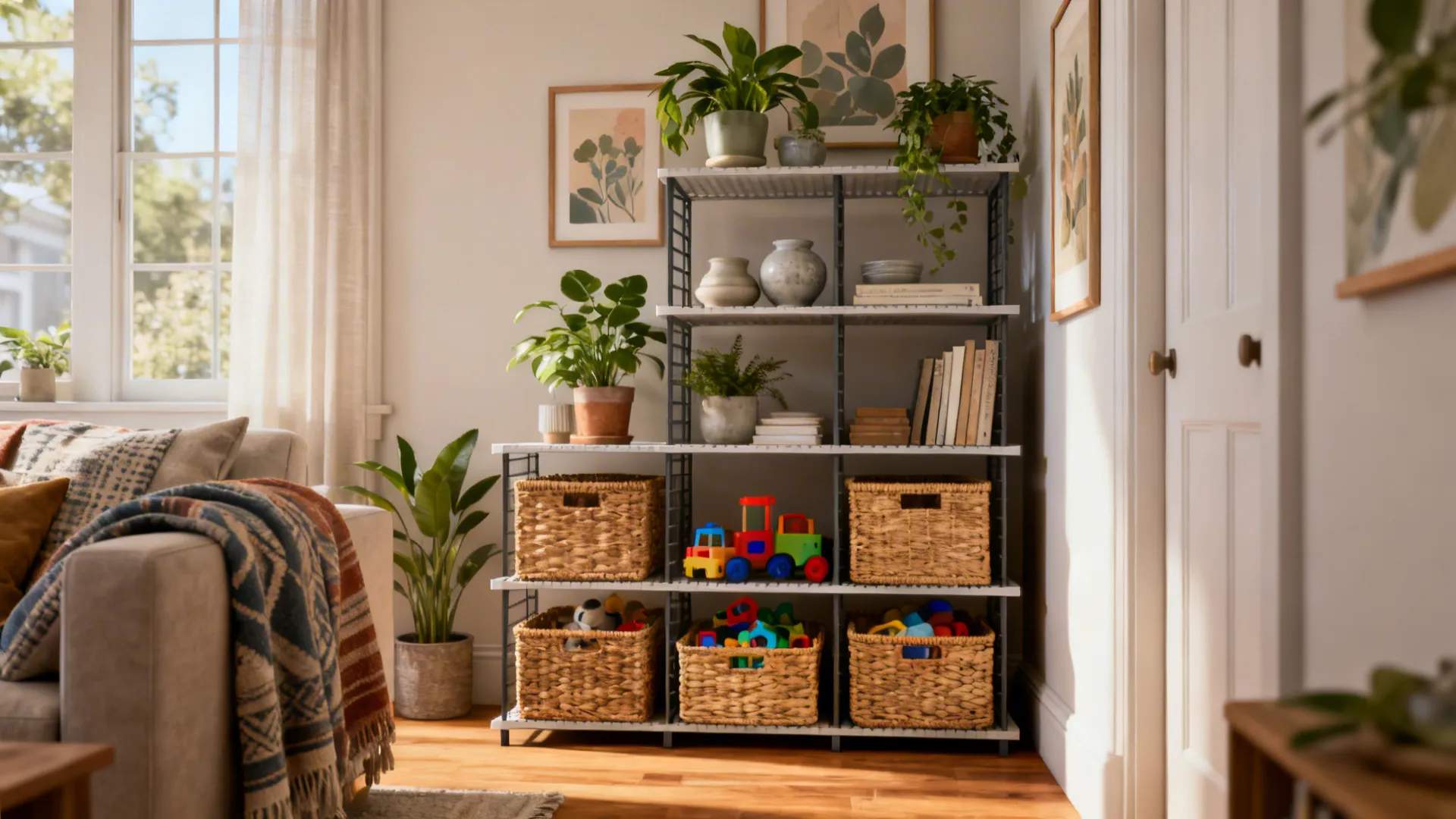 Stacked Kallax shelving with baskets, plants and framed prints in a narrow living room