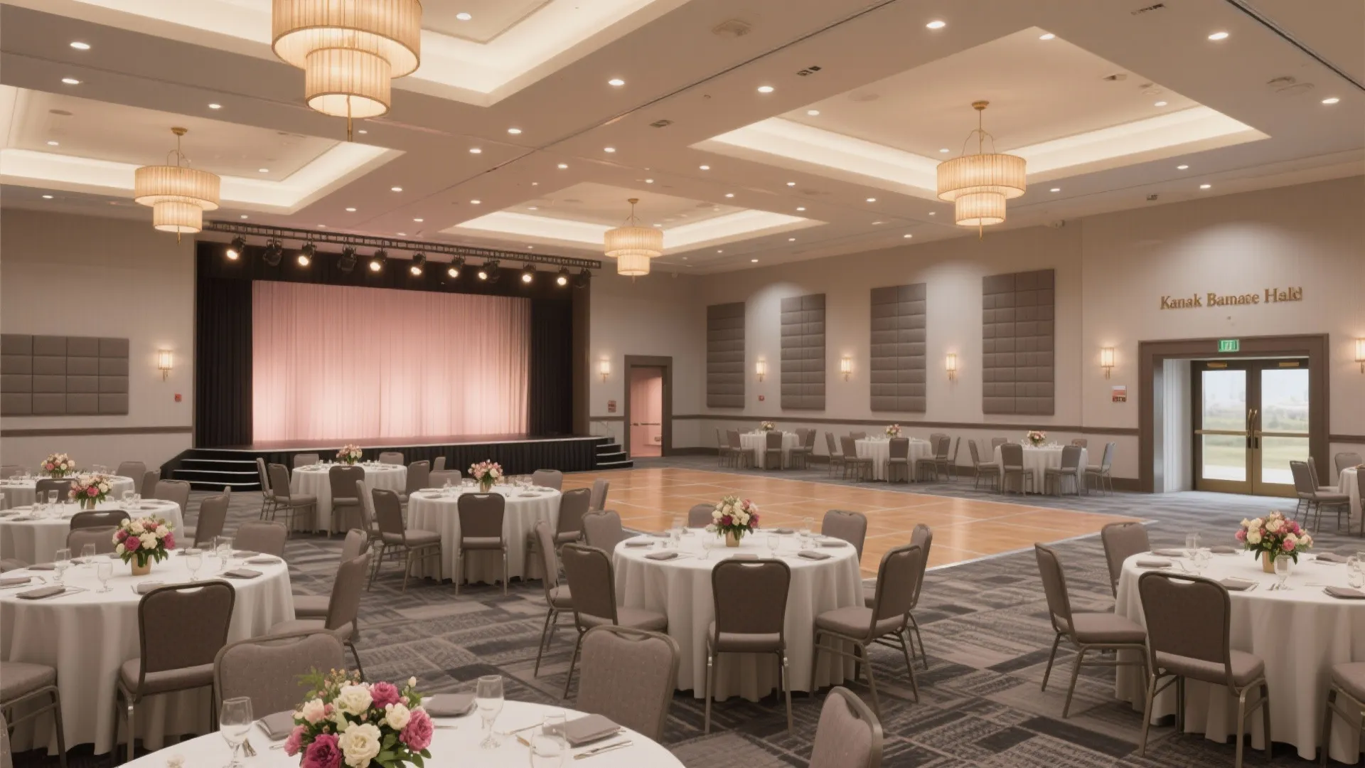 Large banquet hall with round tables, white tablecloths, flower centerpieces, wooden floor, and pink stage