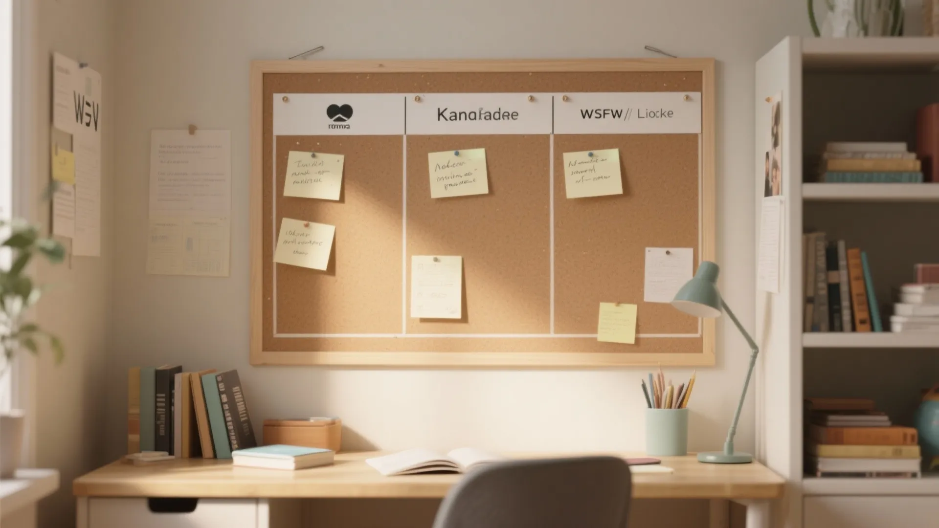 Wooden desk area with a cork board organizer divided into columns for tasks and notes