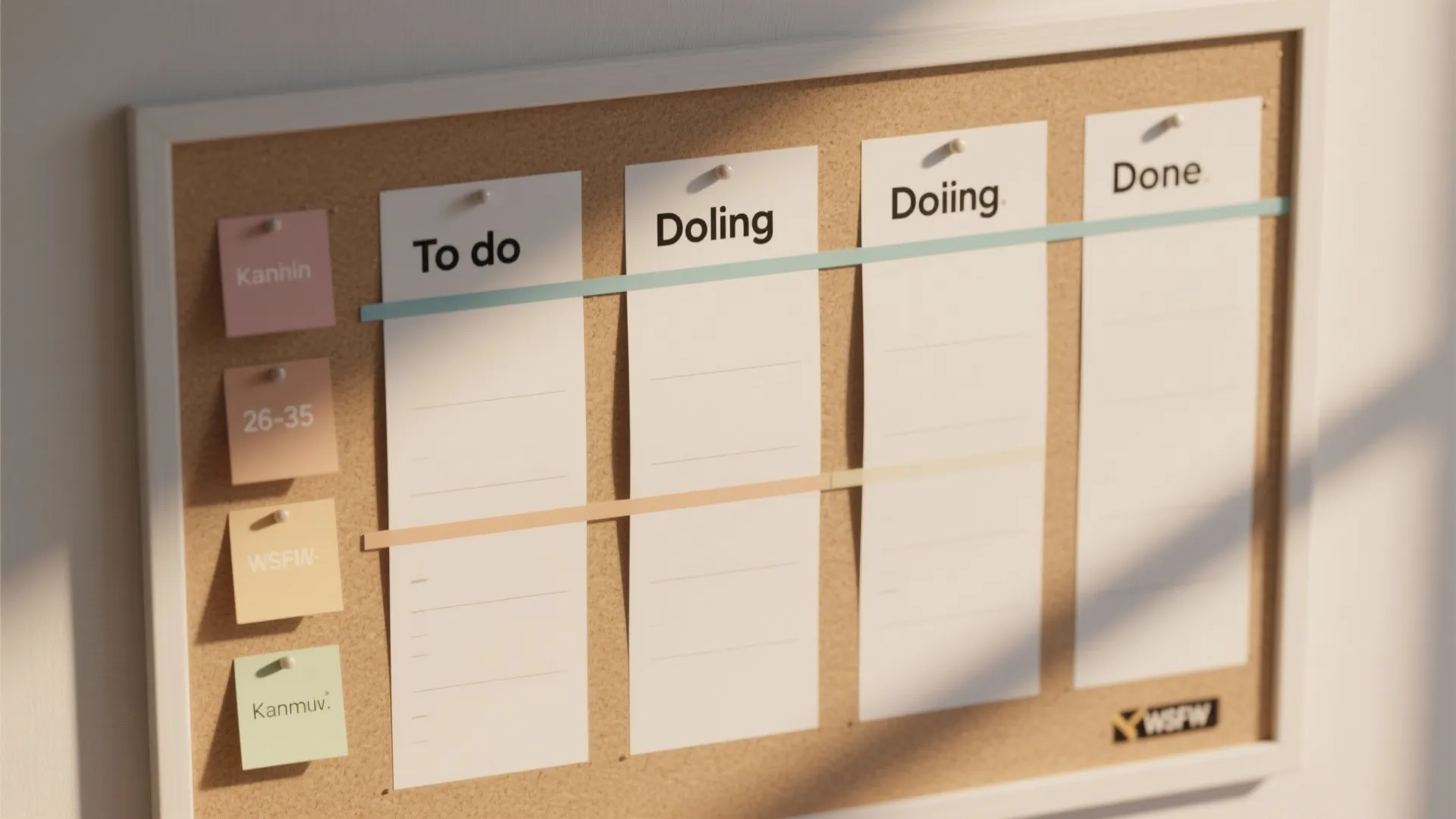 Cork board with white paper columns and colored notes for managing a home design project