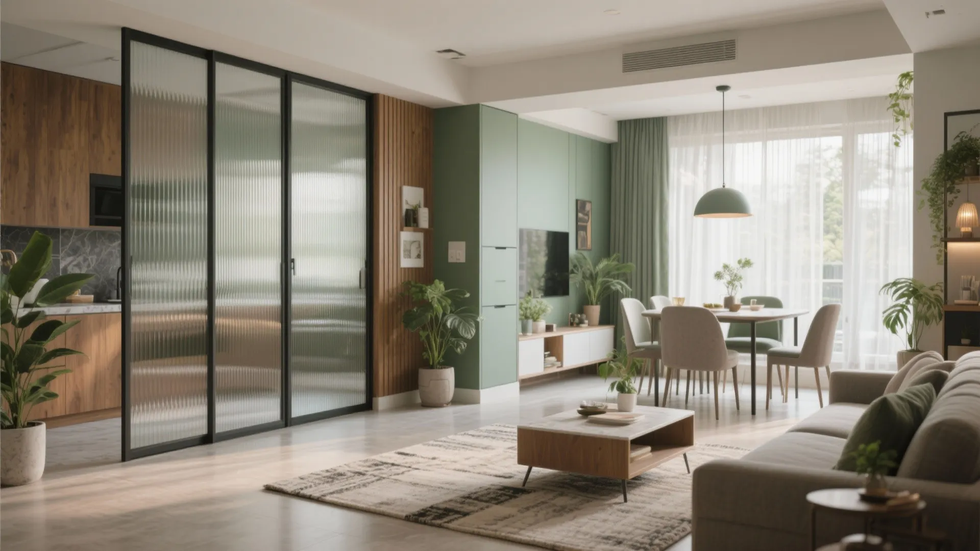 Modern open living area with glass sliding doors, green wall cabinet, dining table and sofa