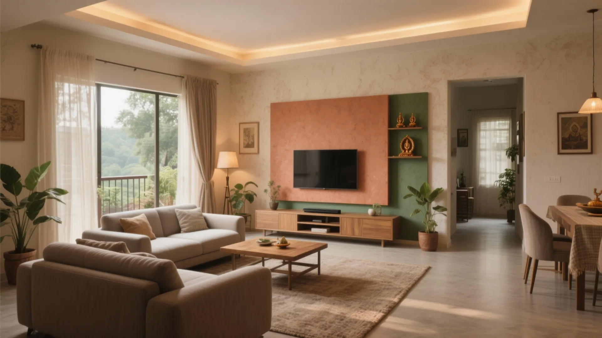 Modern living room with orange accent wall grey sofa wooden coffee table and indoor plants
