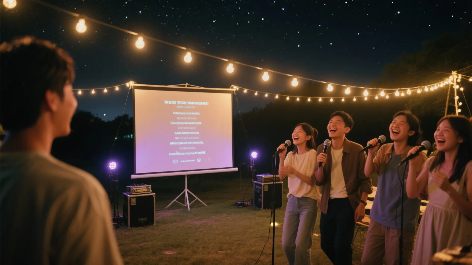 People singing karaoke outdoors at night with string lights