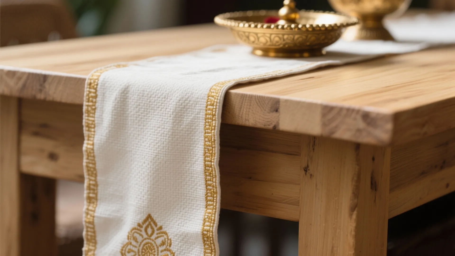 White fabric table runner with gold embroidery placed on a light wood dining room table