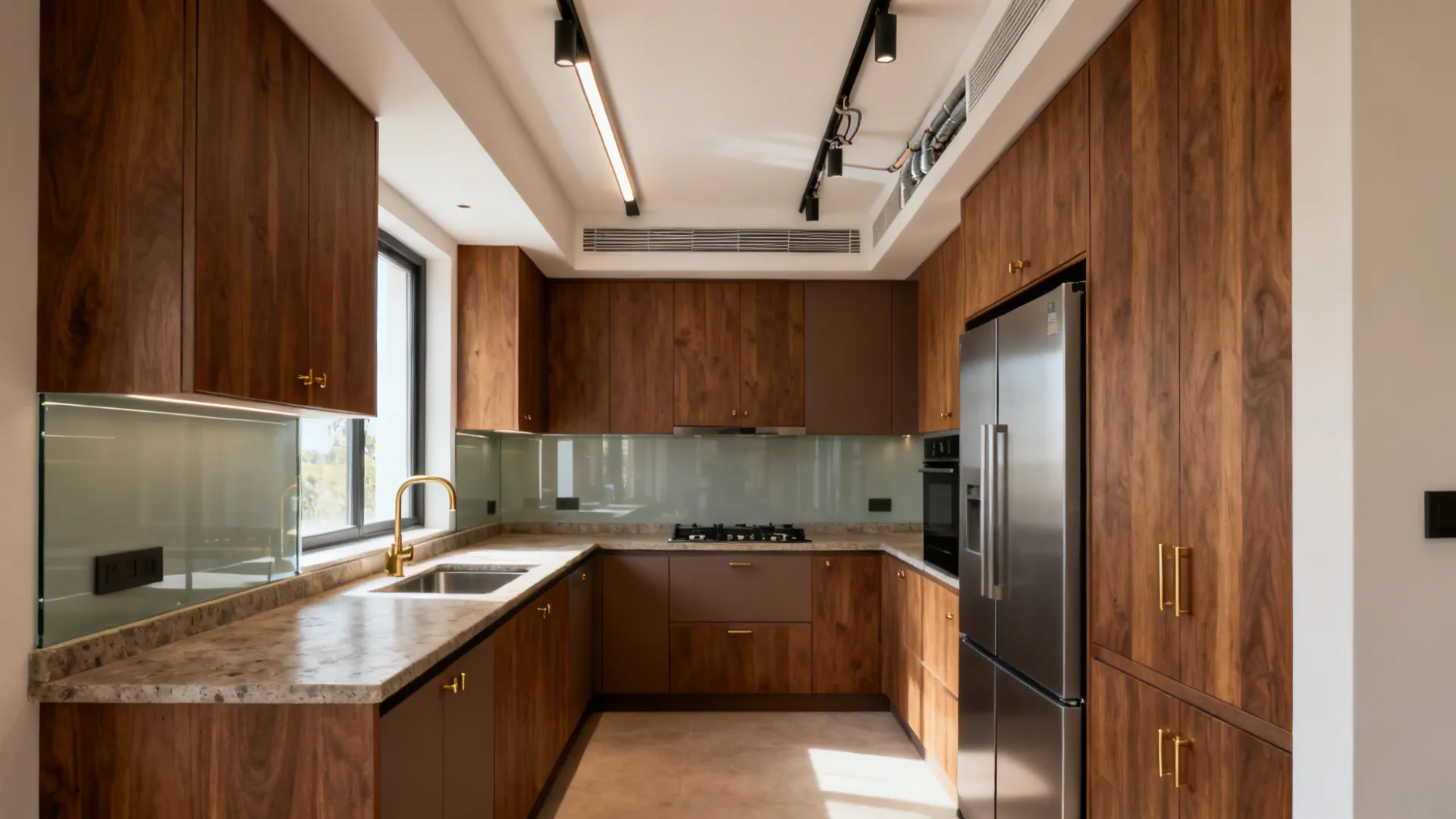 Modern kitchen with wood cabinets, stone countertops, gold faucet, and a large stainless steel refrigerator