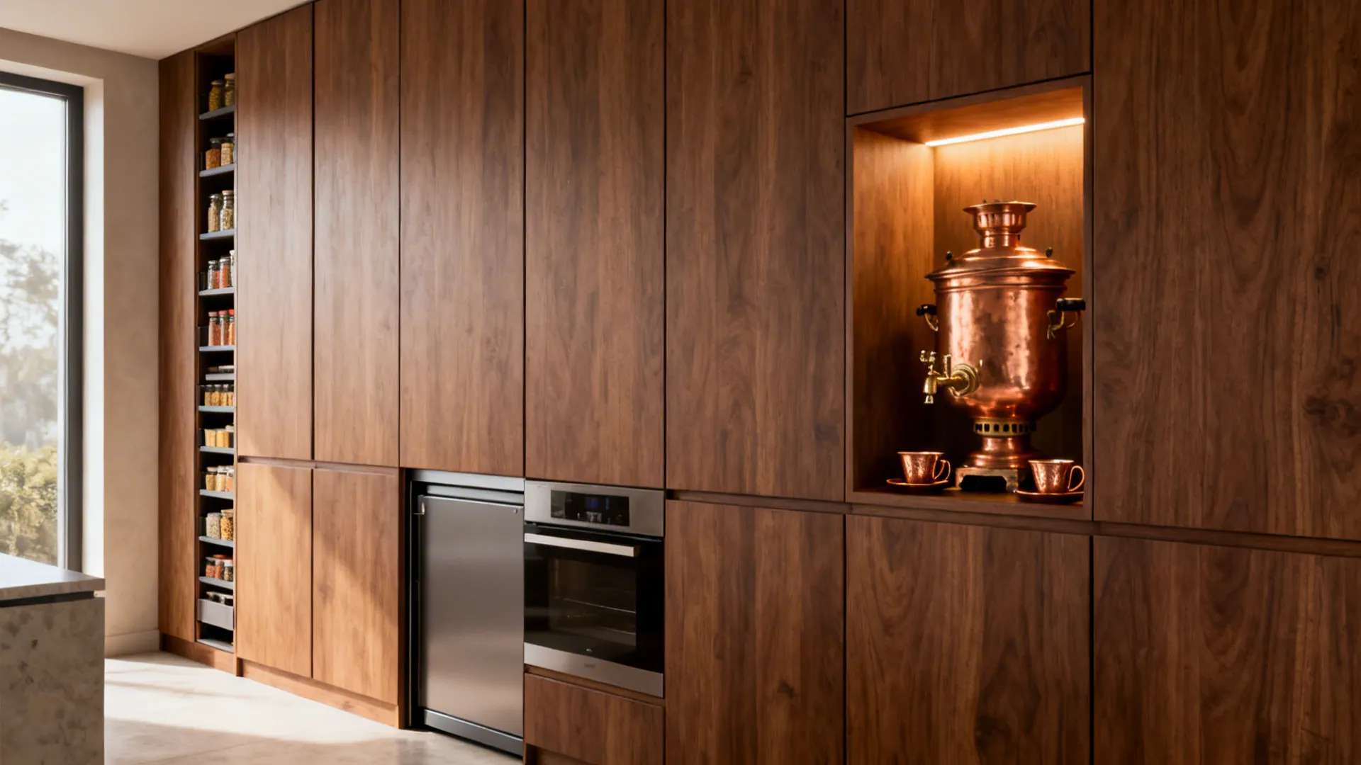 Full-height walnut storage with a lit samovar niche and concealed appliance garage.