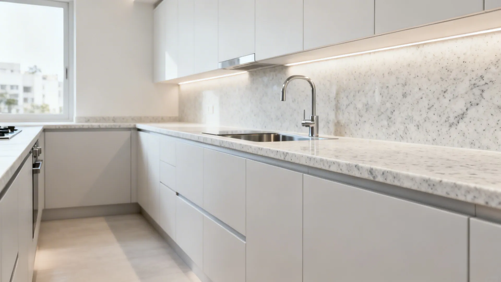 Kashmir White speckled granite brightens a narrow Bengaluru kitchen, making it feel wider.