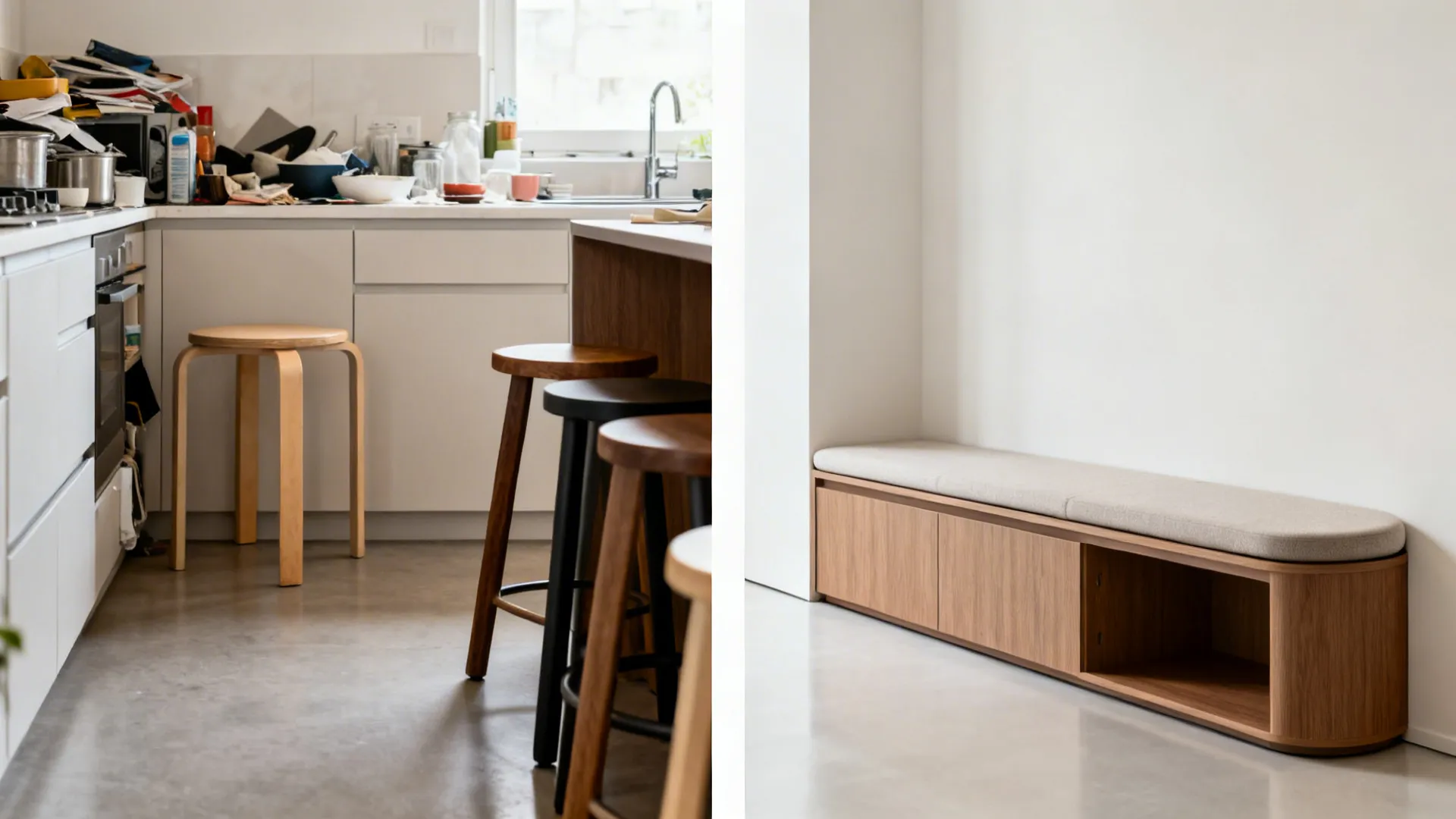 Before-and-after of a cluttered corner turned into a slim katta bench with storage.