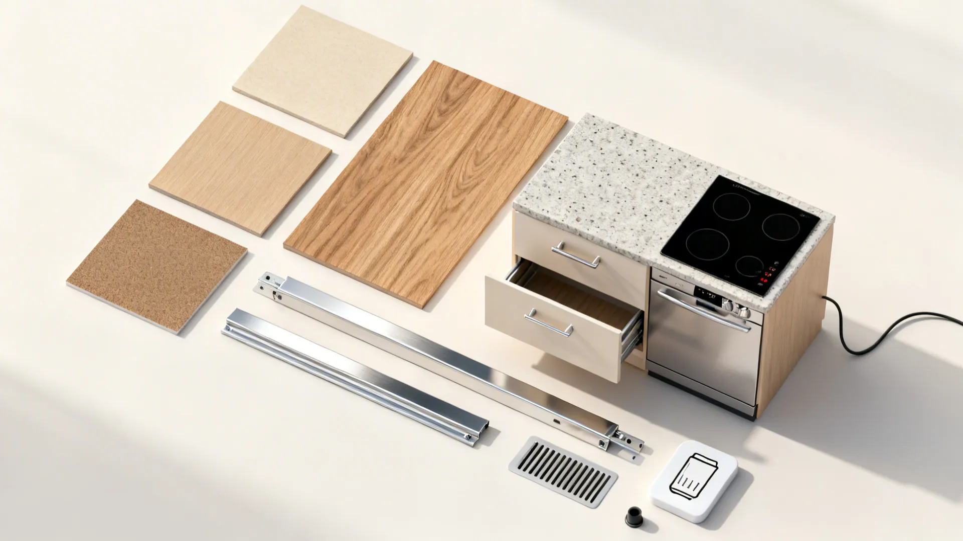 Flat lay of laminate, veneer, quartz, hardware, and compact appliance elements.