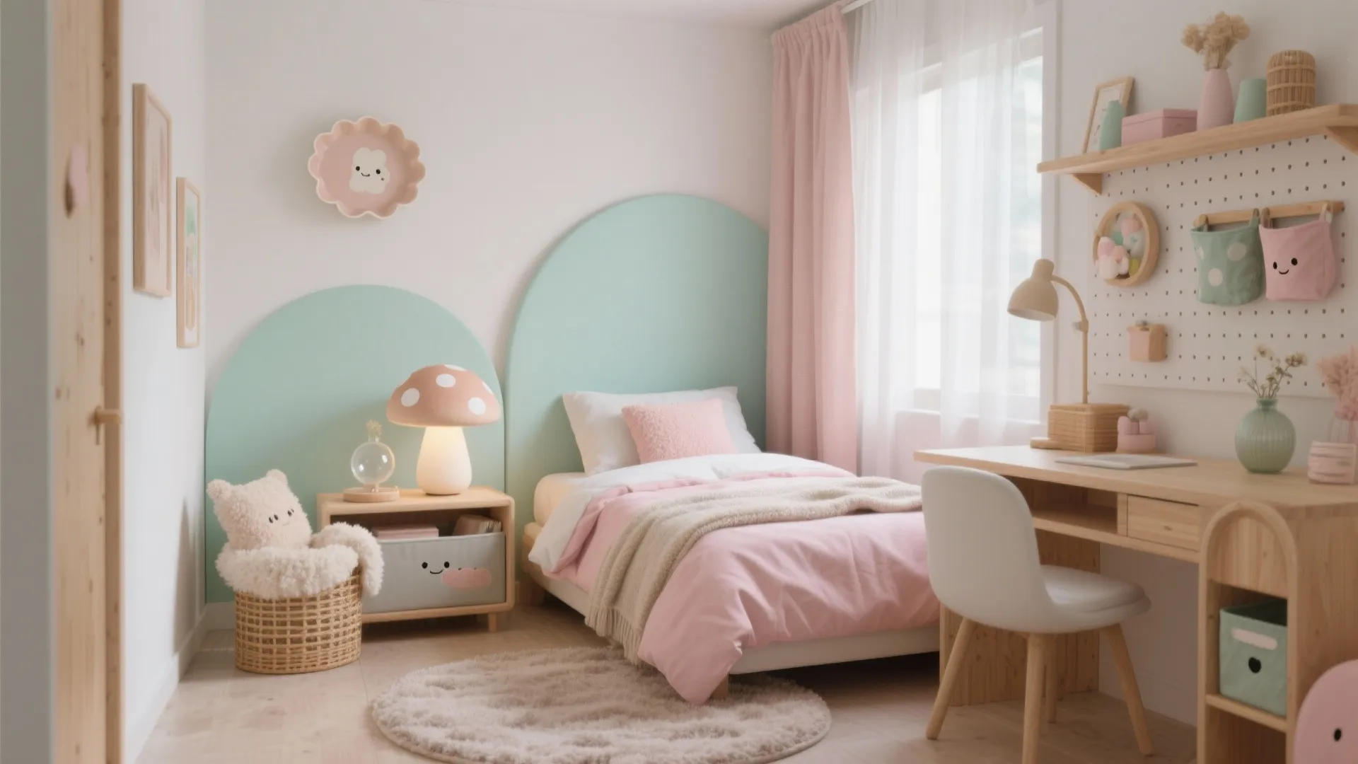 Cute kids bedroom with pink bed mint green wall panel wooden desk and mushroom table lamp