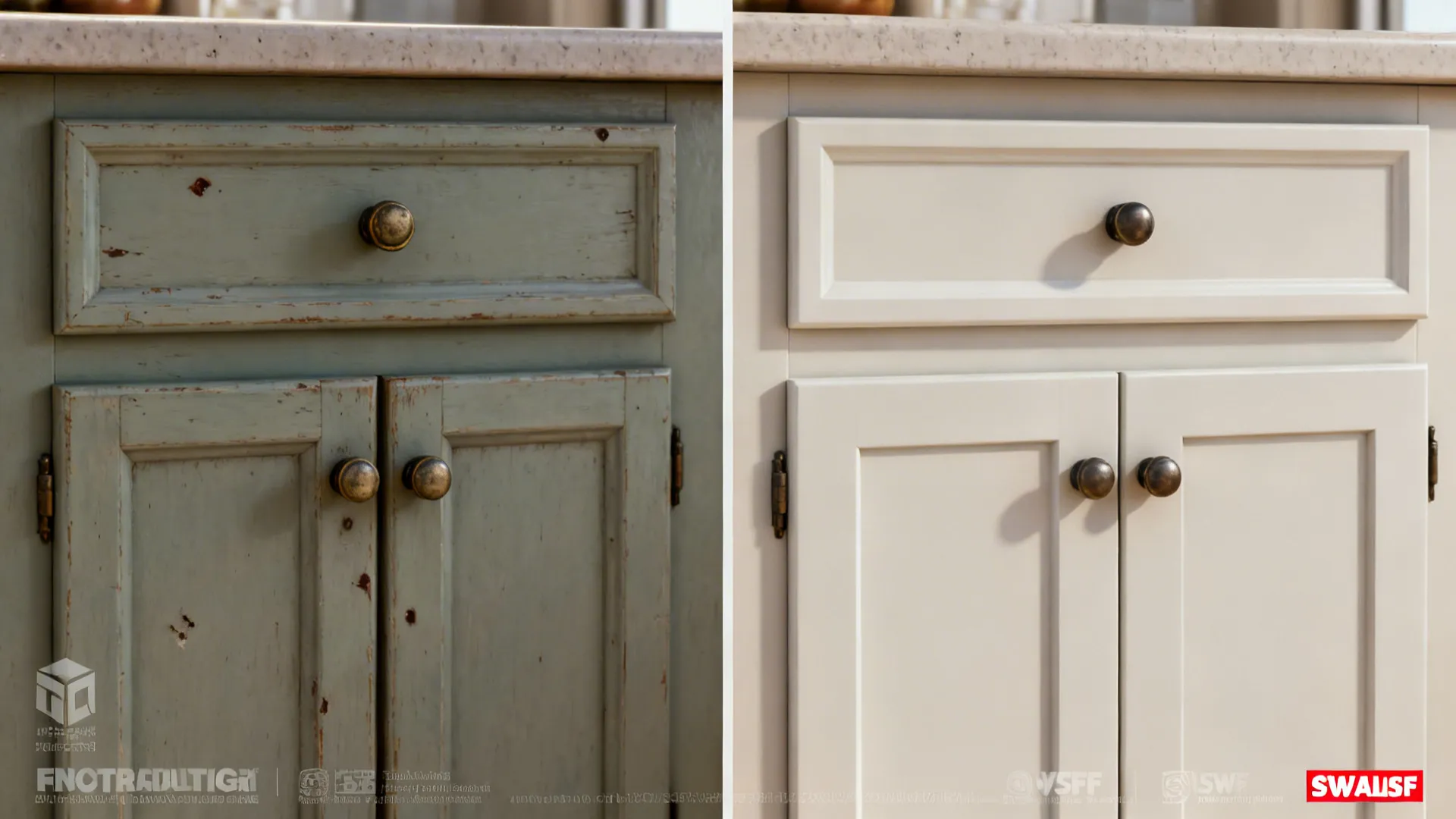 Before and after of a small kitchen where only cabinet doors were replaced, showing dramatic visual improvement.