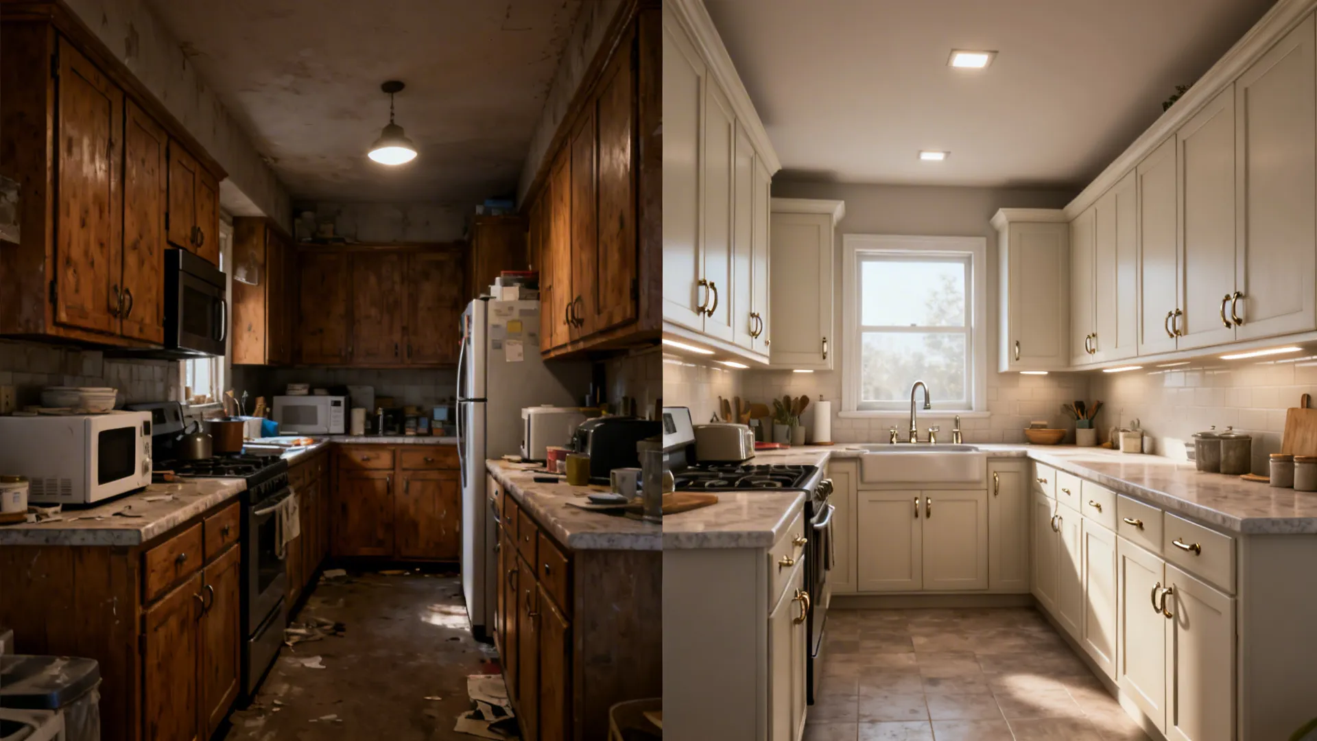 Before-and-after of a small kitchen that kept original plumbing and refreshed cabinets