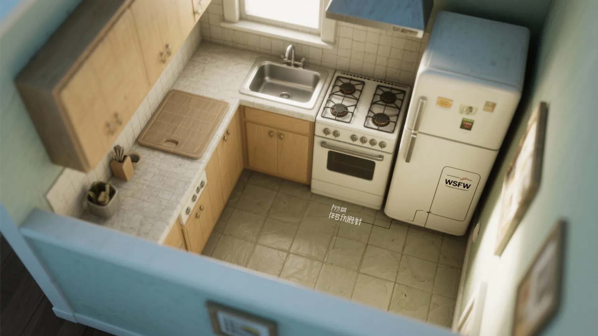 Small kitchen interior design drawing showing stove sink fridge and wood cabinets with tile floor