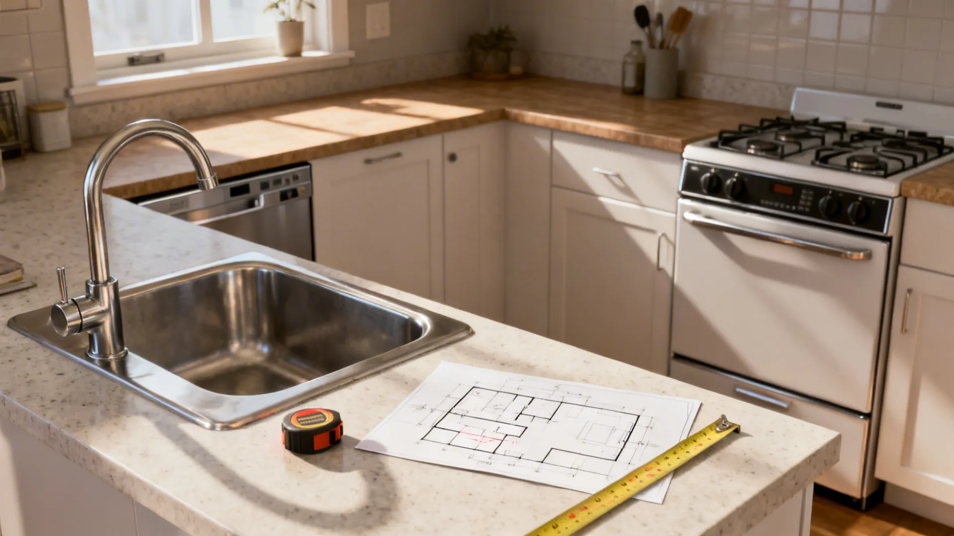 Small kitchen showing sink, range and dishwasher left in original positions with a simple plan on the counter