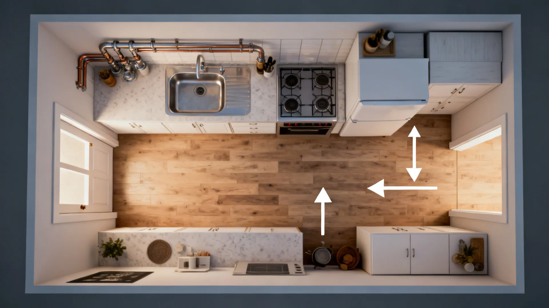 Top-down view of a small kitchen plan preserving existing sink and stove on the same wall to avoid plumbing moves.