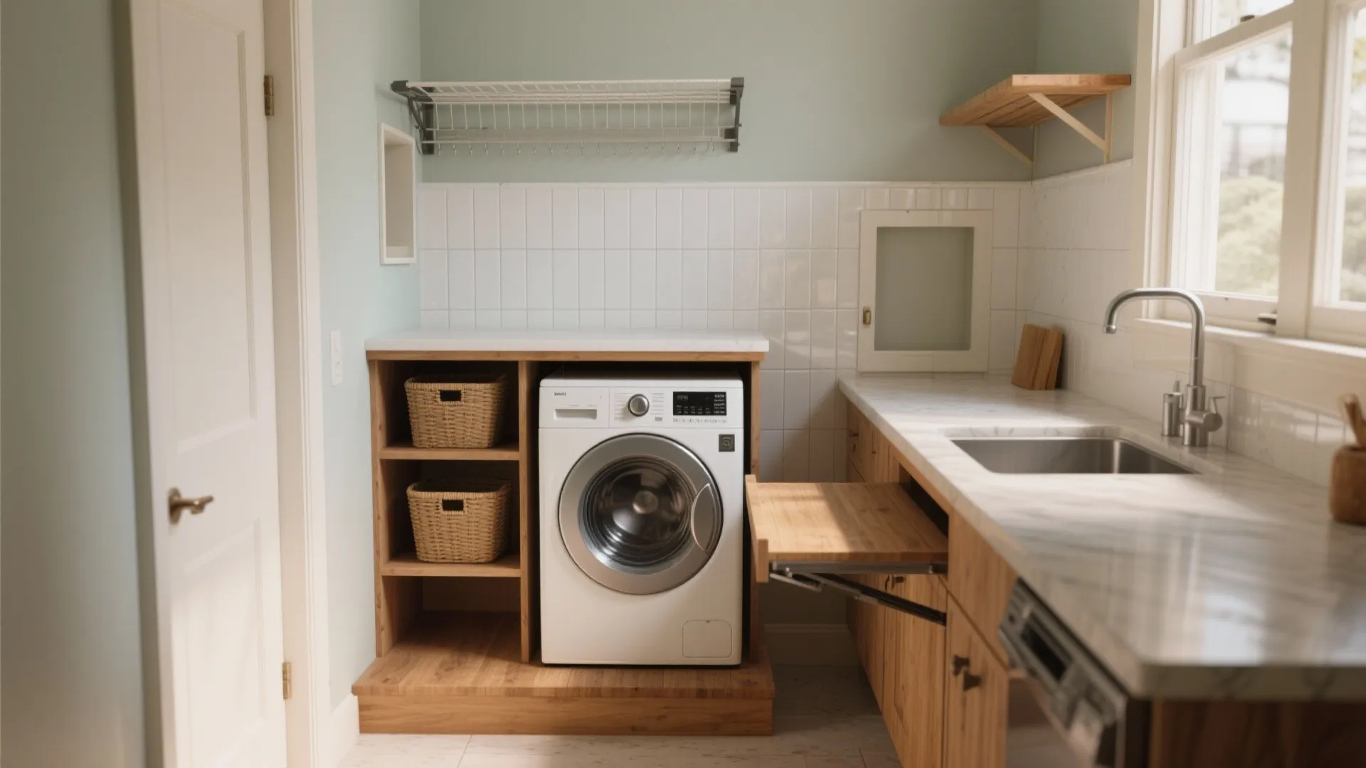 Laundry room interior design featuring a washing machine wood cabinets marble countertop and a sink
