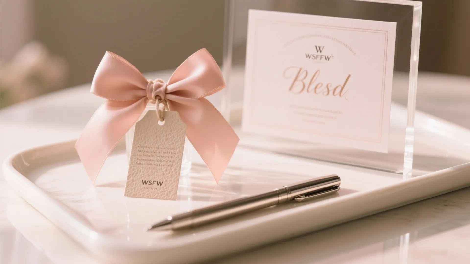 White tray holding a pink ribbon bow with tag silver pen and framed greeting card