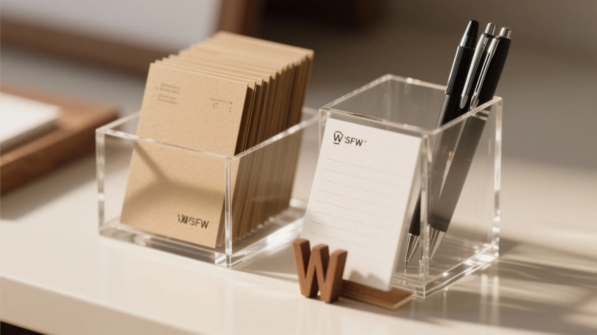 Clear plastic desk organizers holding brown cards and black pens beside a small white notepad