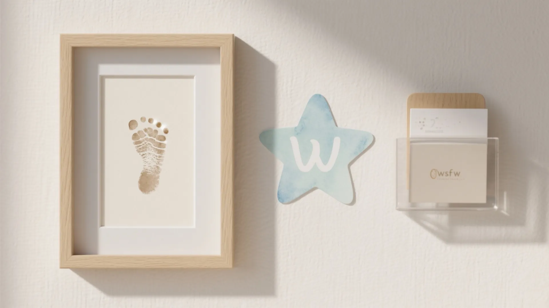 Macro view of matte frames with a tiny footprint print, watercolor star, and a removable pastel decal on a calm wall.