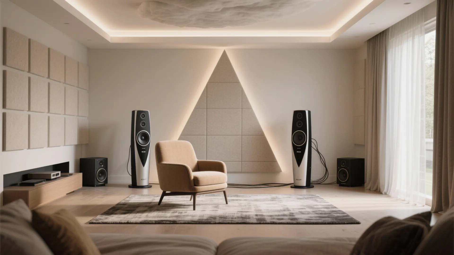 Modern room featuring a tan armchair, tall speakers, rug, curtains, and a triangle wall panel