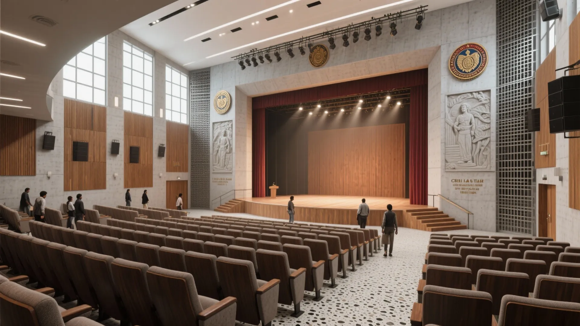 Large auditorium interior design drawing with wooden stage, red curtains, and rows of brown seats