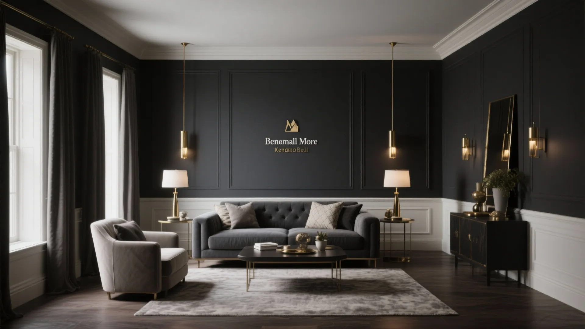 Living room in Kendall Charcoal with brass lighting fixtures