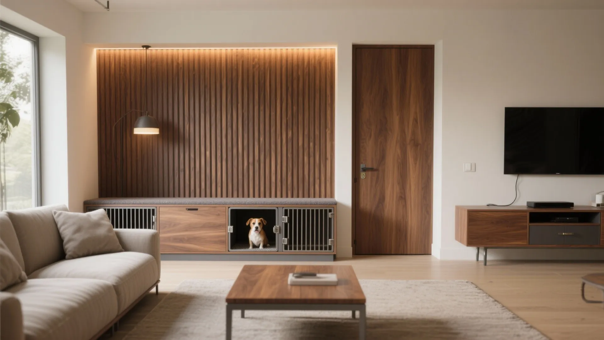 Modern living room with wood wall panel dog crate furniture sofa television and coffee table