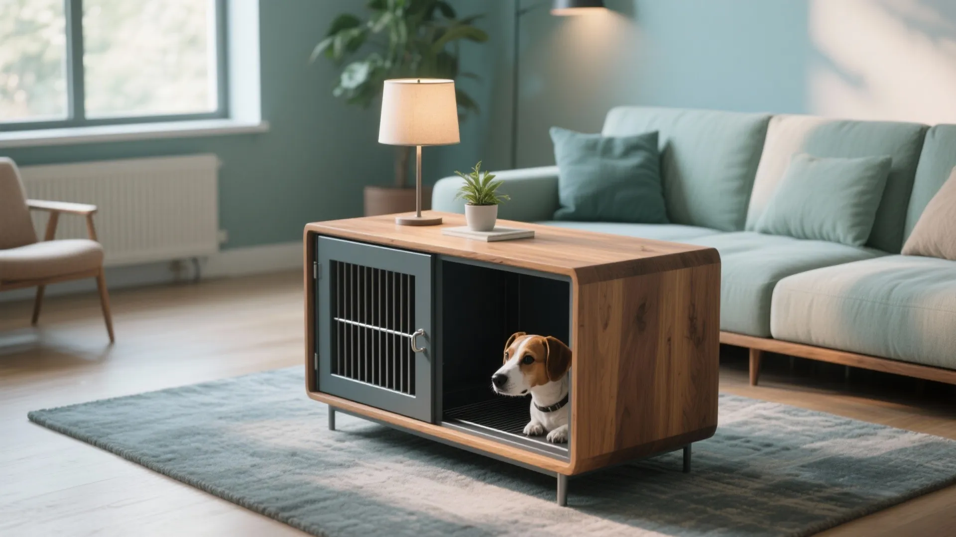 Wooden dog crate furniture used as end table with small dog inside modern living room