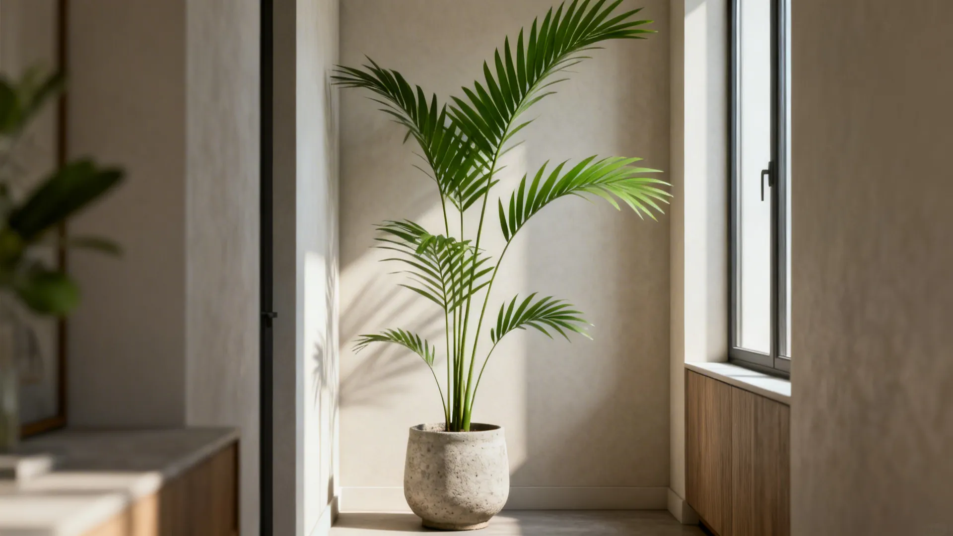 Slim kentia palm placed in a narrow apartment corner, adding tropical height without bulk.
