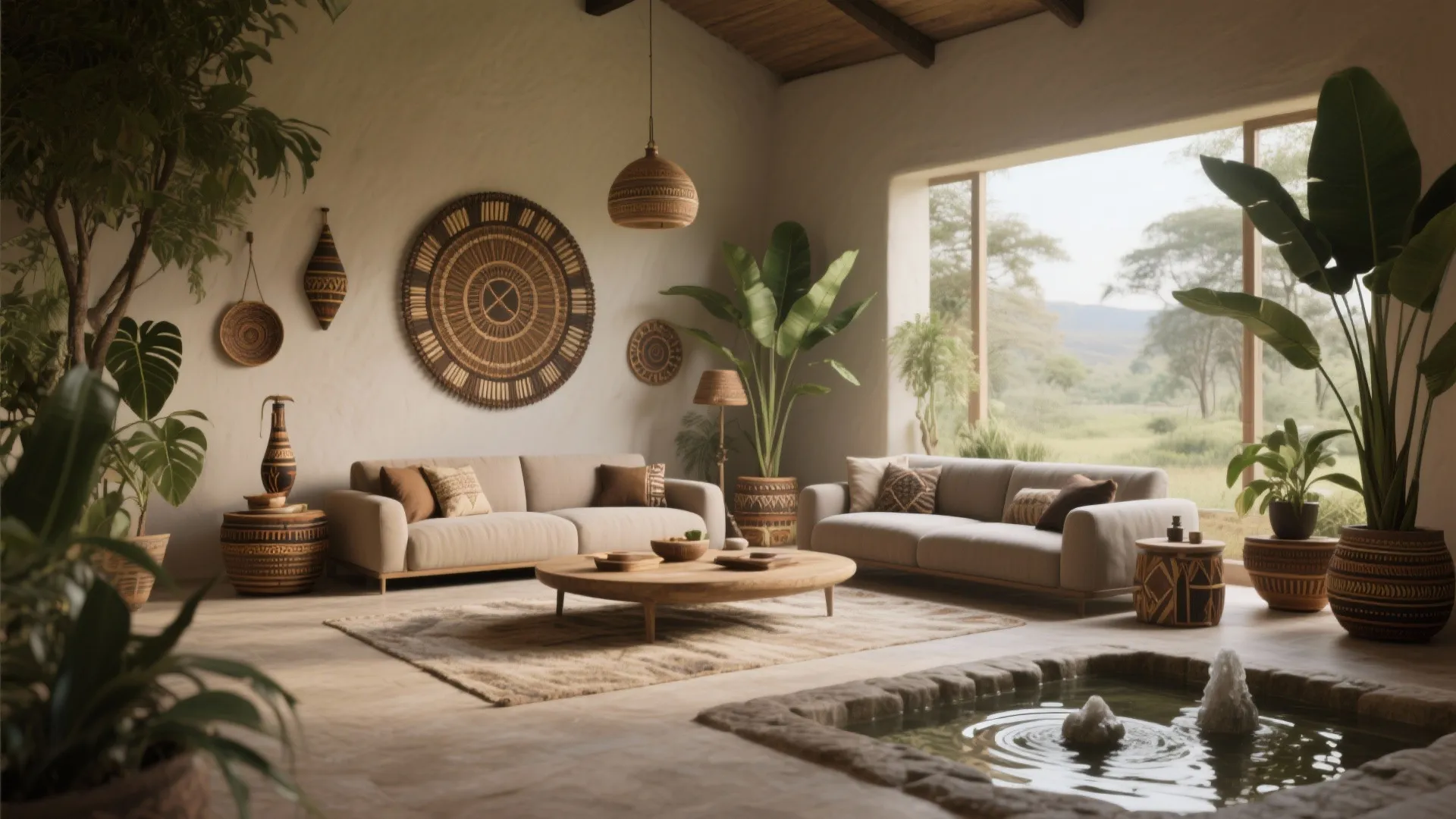 Ethnic style living room with beige sofas wooden coffee table wall decor and indoor green plants