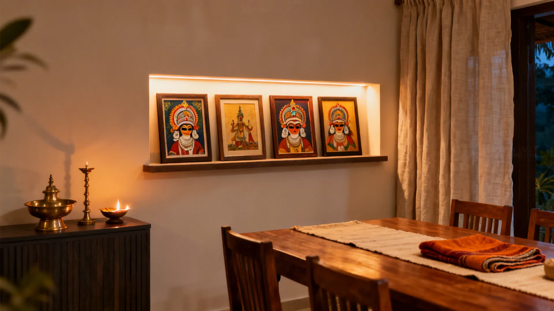 Traditional wall art in a lighted shelf above a wooden dining table with warm light