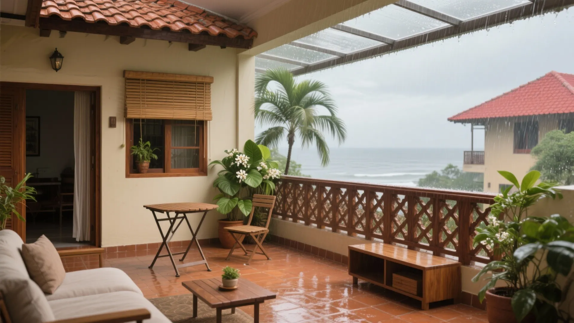 Tropical balcony design with orange floor tiles wooden furniture glass roof and a beautiful ocean view