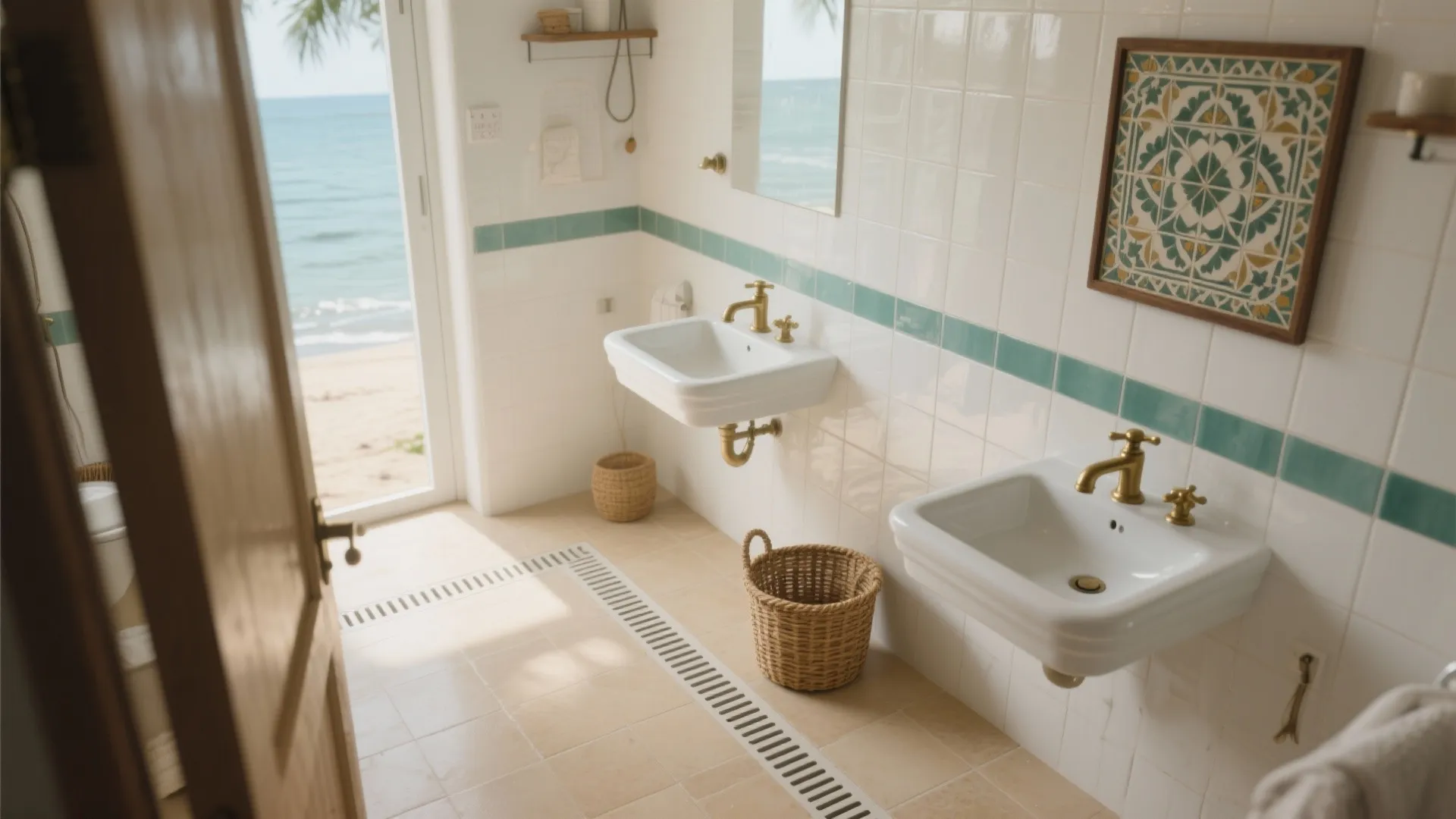 Coastal bathroom with two white sinks gold faucets green tiles wicker basket and beach door