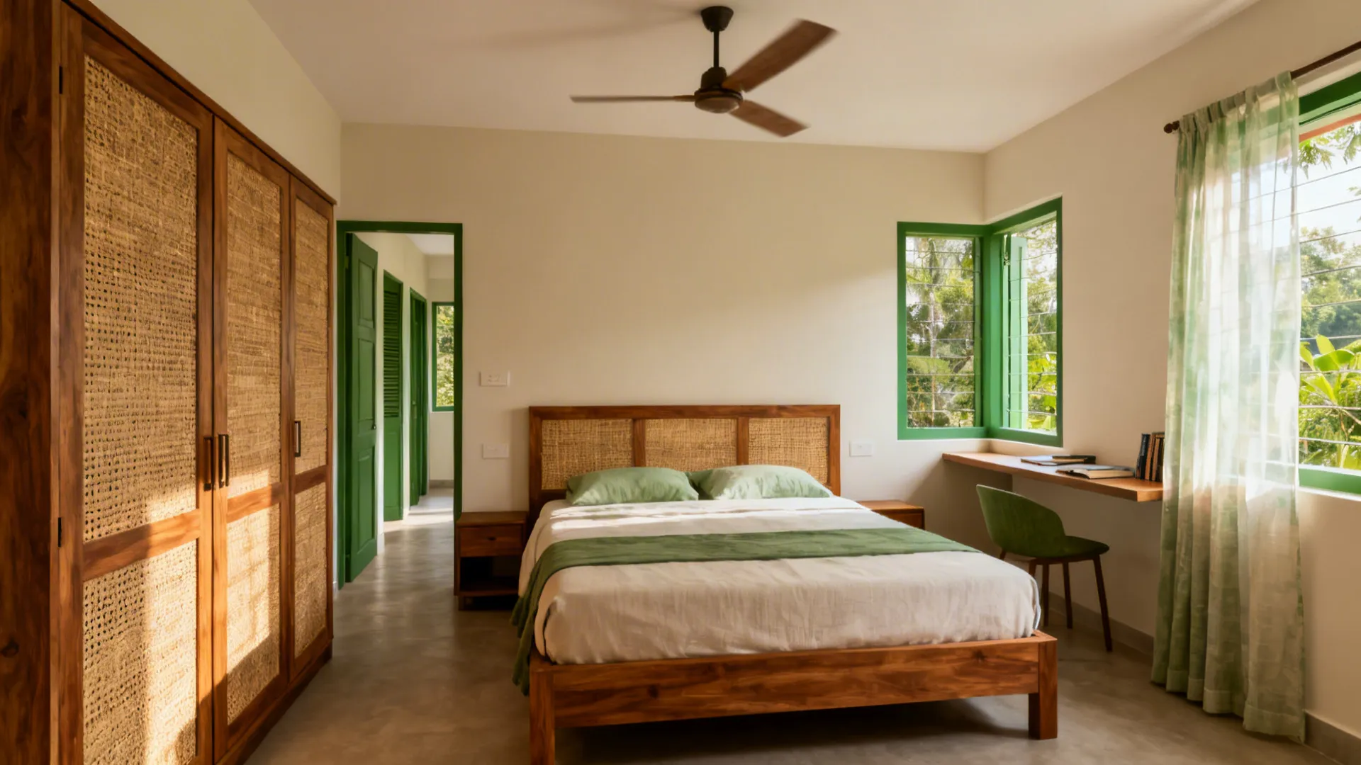A 12x14 ft Kerala bedroom with south-facing bed, two windows, and clear 36-inch walkways.