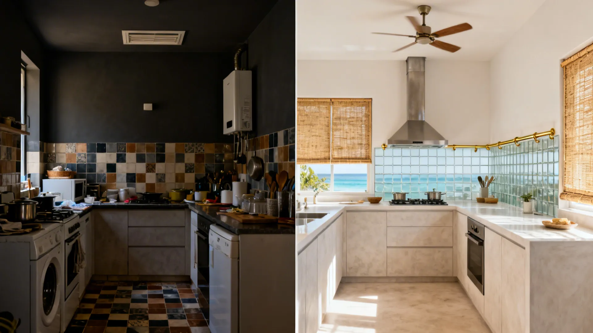 Before-and-after split of a compact Kerala kitchen upgraded with cane shutters, glass backsplash, and L-shaped layout.