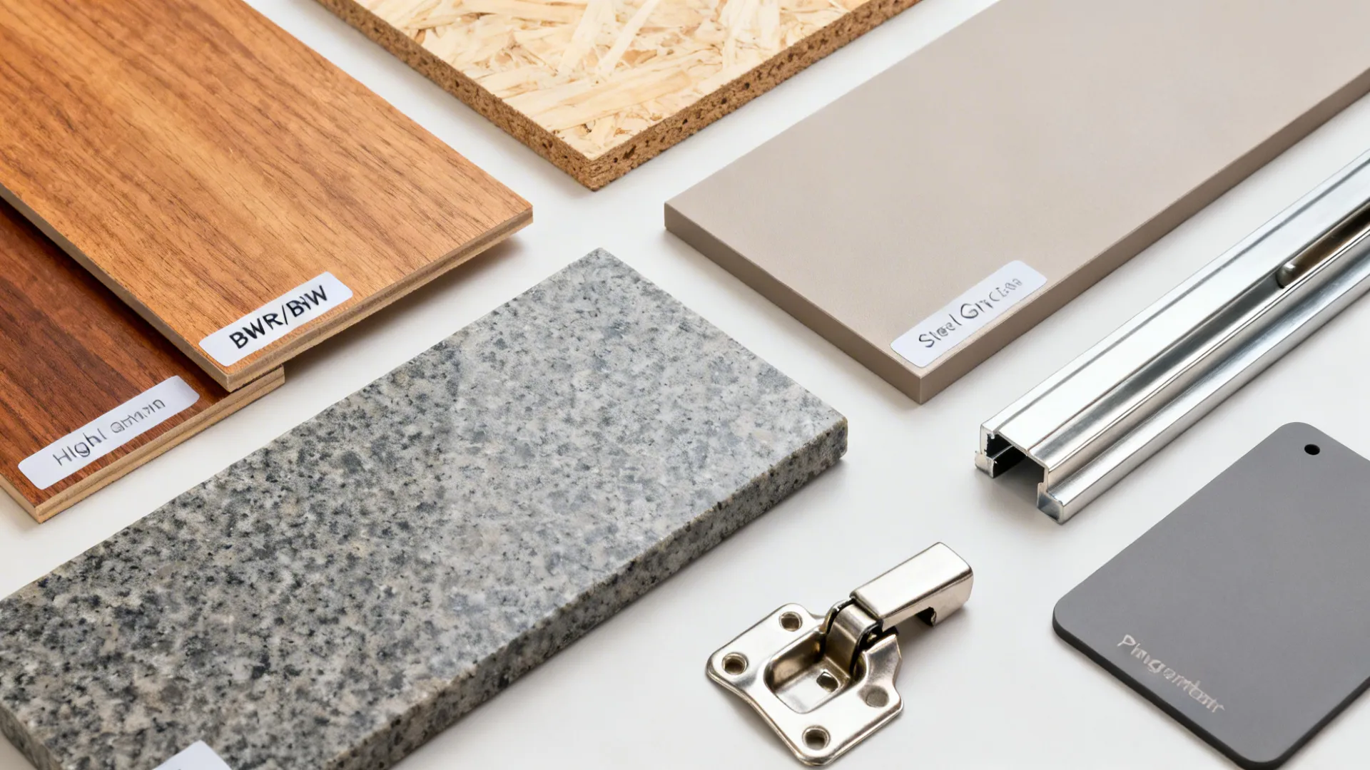 Flat lay of BWR/BWP ply, laminates, granite, quartz, and stainless hardware for humid climates.