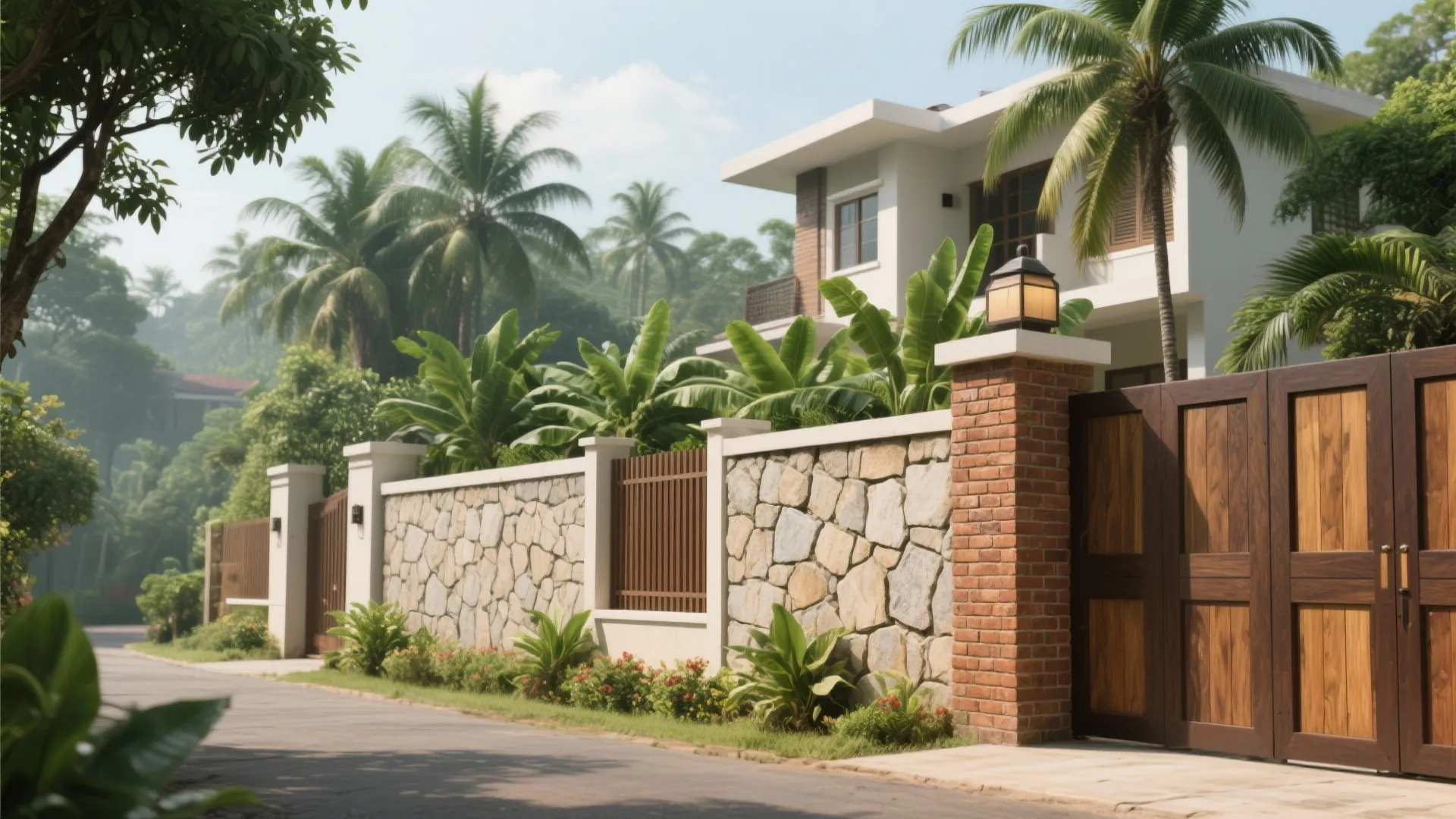 Beautiful stone garden wall with large wooden gate and light fixture under green palm trees