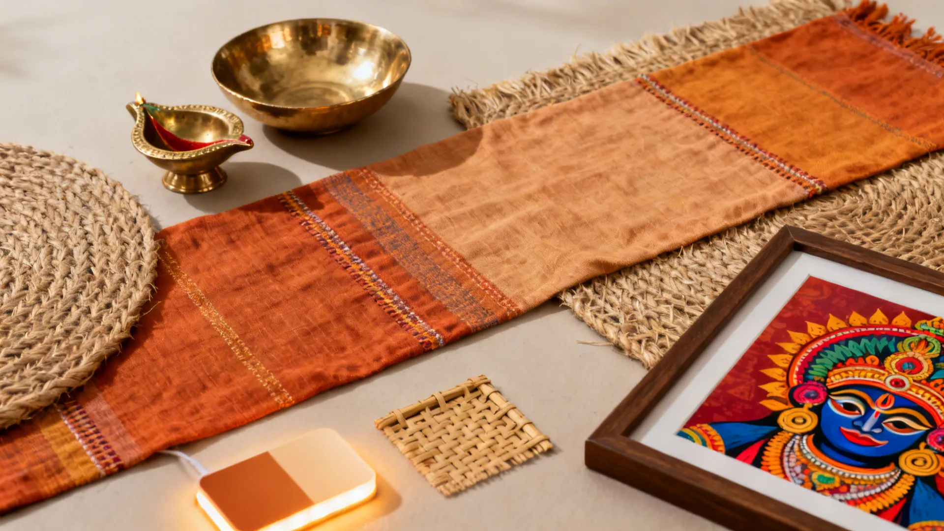 Cultural decor items featuring orange fabric runner brass bowls and a colorful framed wall art